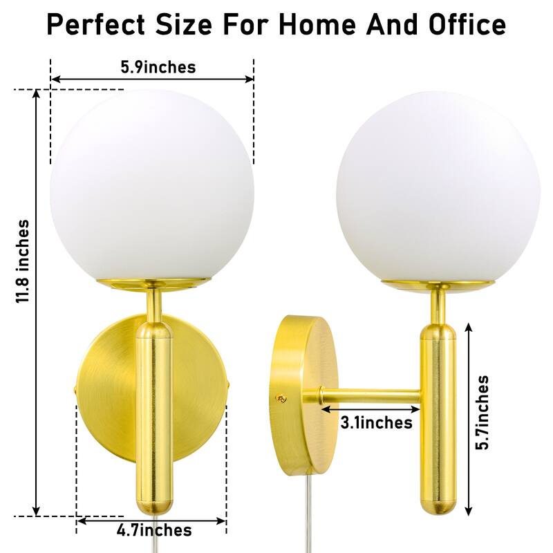 Modern Brass Gold Globe Glass Plug in Wall Sconce-Indoor Wall Light Fixtures for Bedroom, Living Room