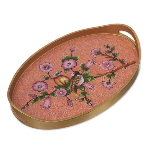 Novica Handmade Birds Of A Feather In Rose Reverse-Painted Glass Tray
