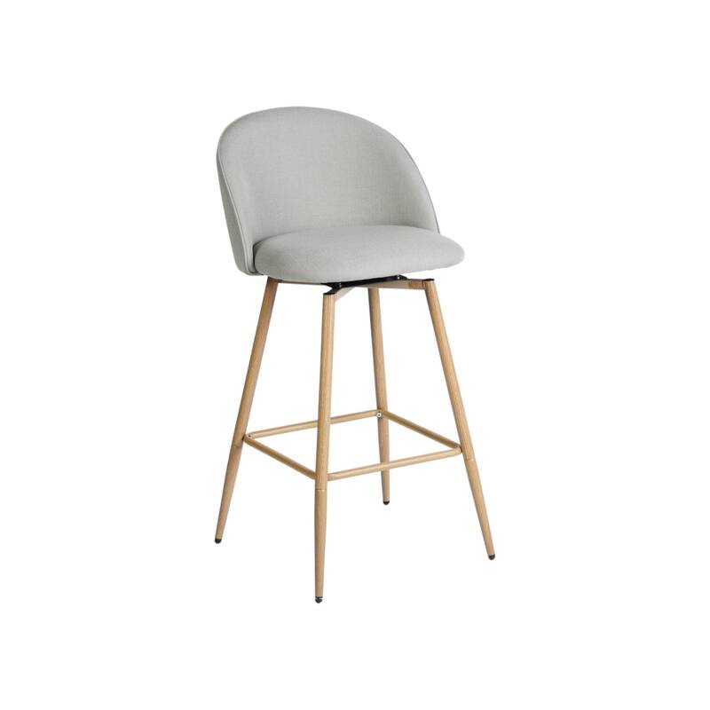 HomeRoots Set of Two 27" Gray and Oak Fabric and Metal Low Back Counter Height Swivel Bar Chairs