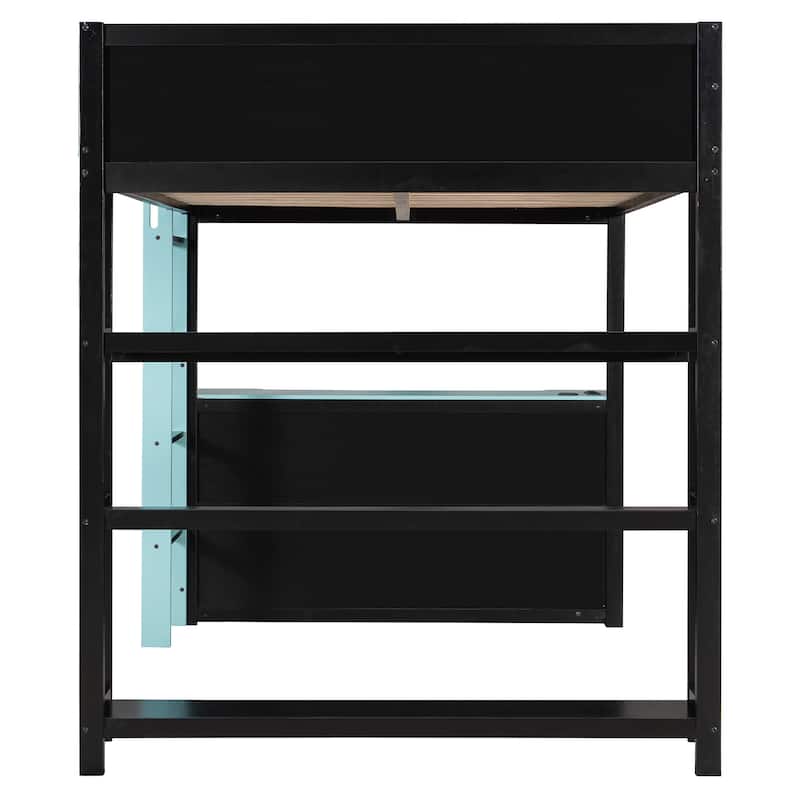 Full Size Gaming Loft Bed Station with Desk, Storage Shelves & RGB LED Lights