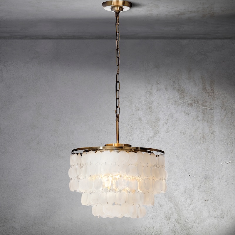CraftHome 3-Lights Unique Natural Coastal Antique Bronze Tiered Capiz Shell Chandelier for Living Room - W18'' - W18'' - Antique Gold