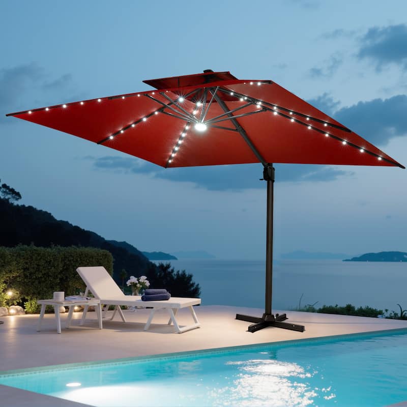 Pellebant Outdoor 10x13FT Patio Cantilever Umbrella Dual Top Lar Lighted