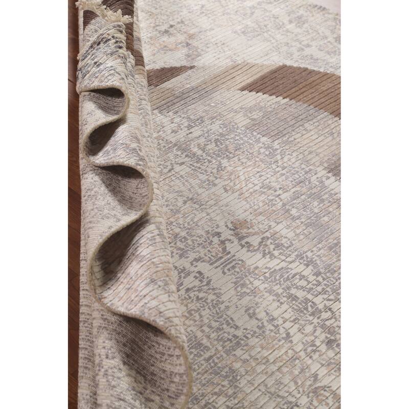 Beige Striped Modern Indian Area Rug Handmade Wool Carpet - 6'6"x 9'1"