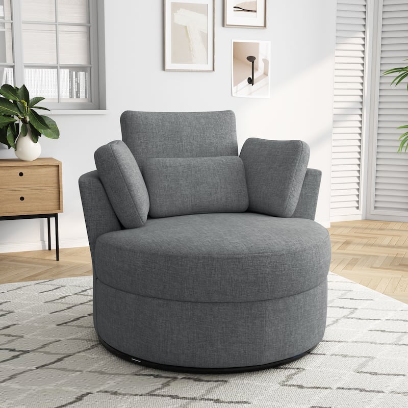 Upholstered Swivel Accent Chair with Wooden Tray Storage Ottoman