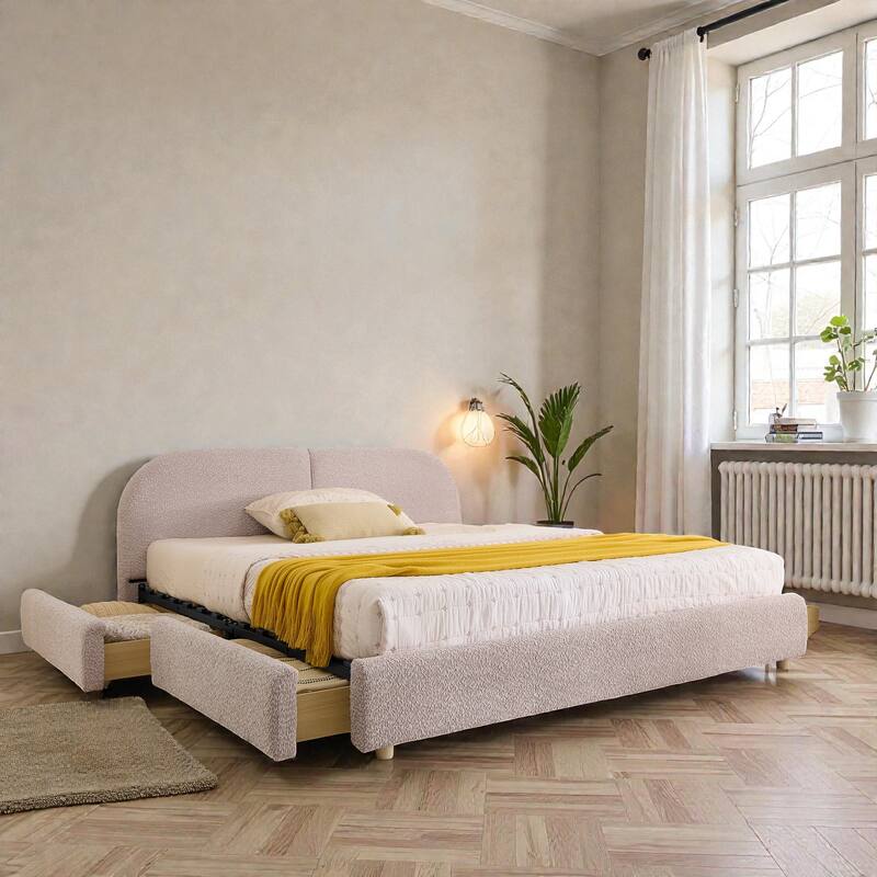 Upholstered Bed Frame with Tall Curved Headboard and Storage Drawers, Modern Minimalist Platform Bed No Box Spring