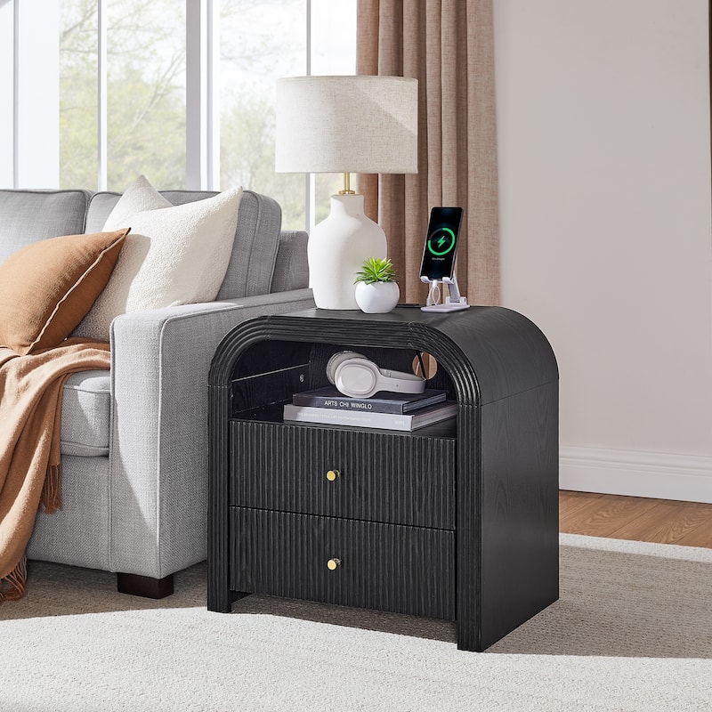 Modern Fluted Nightstand with Charging Station, Arched End Table