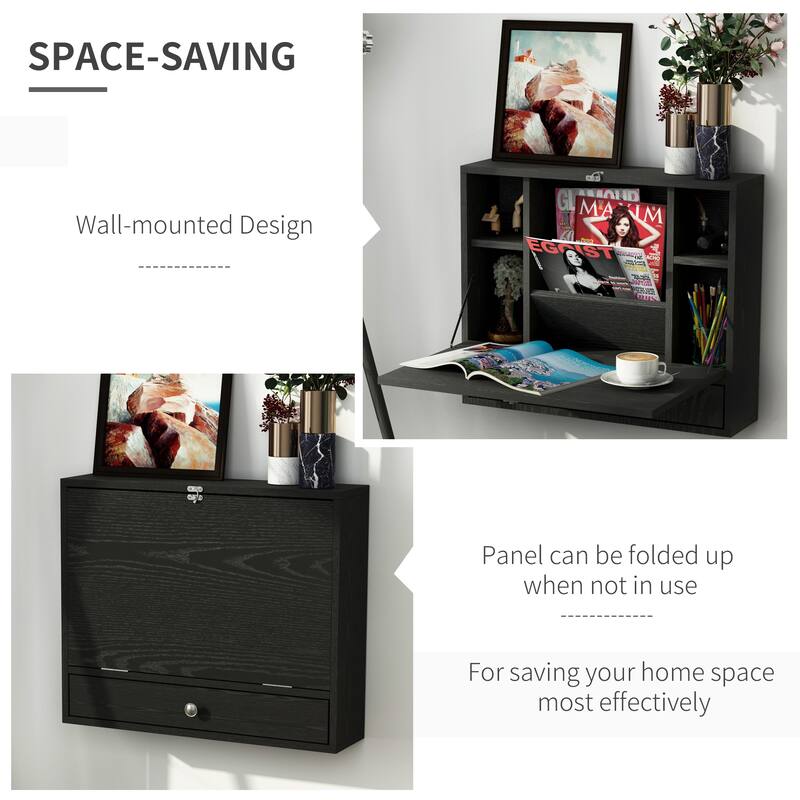 Black Particleboard MDF Wall-Mounted Foldable Desk with Drawer and Grids