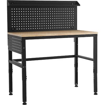 Mcombo Adjustable Workbench with Solid Wood Tabletop for Garage, Steel Worktable with 2 Pegboards for Workshop Bench48