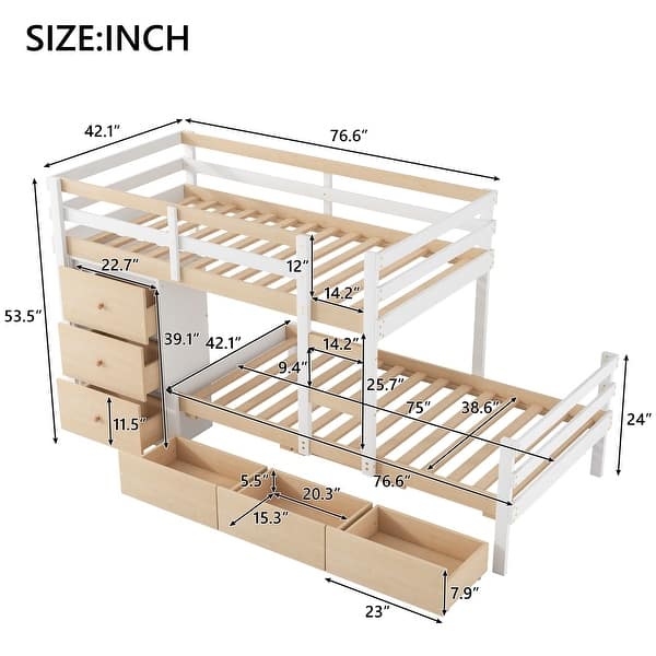 dimension image slide 0 of 2, Twin over Twin Wooden Loft Bunk Bed with Built-In Ladder and Drawers,Modern Cabin Design