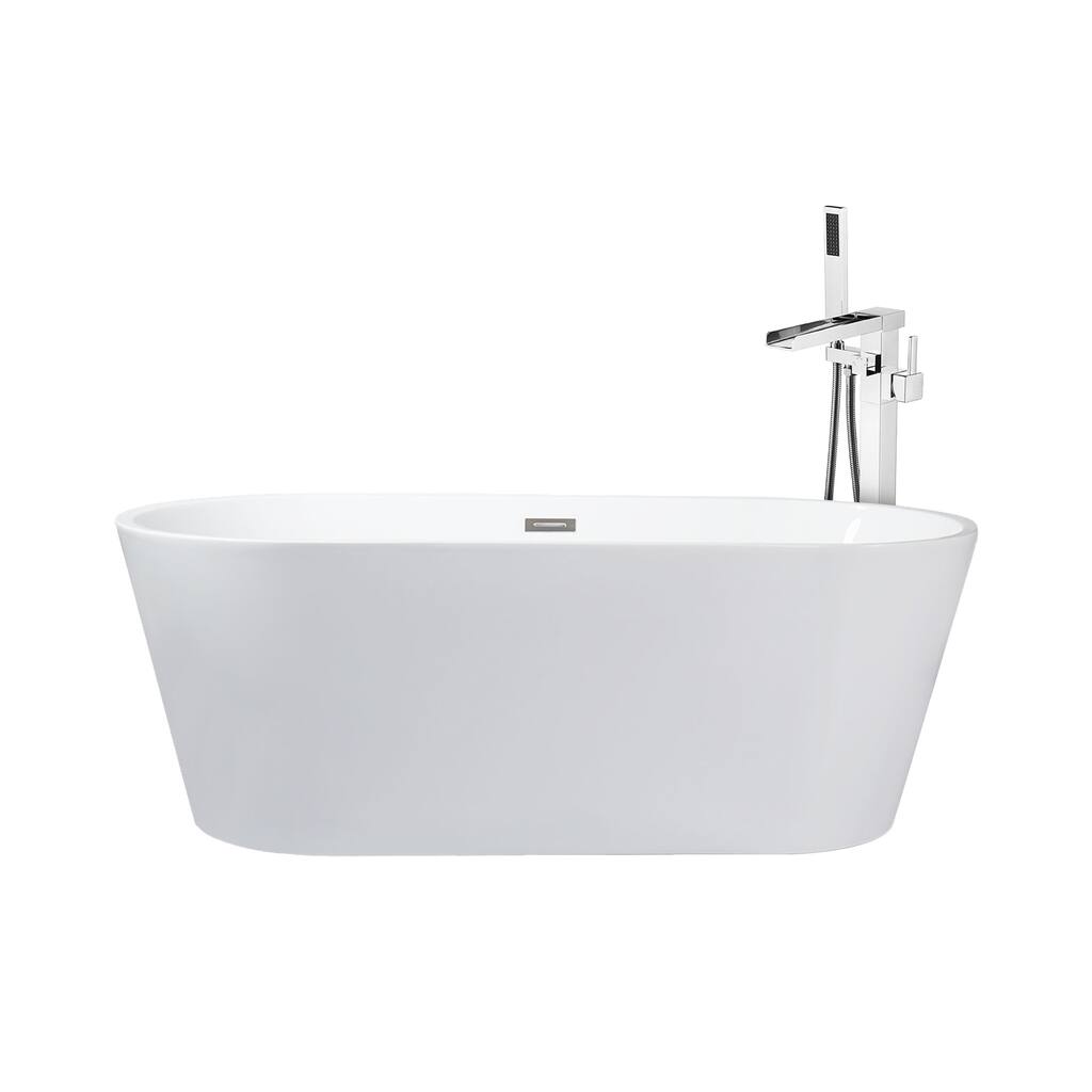 Melina White Freestanding Acrylic Flatbottom Soaking Bathtub with Chrome Hardware and Cascata Tub Filler