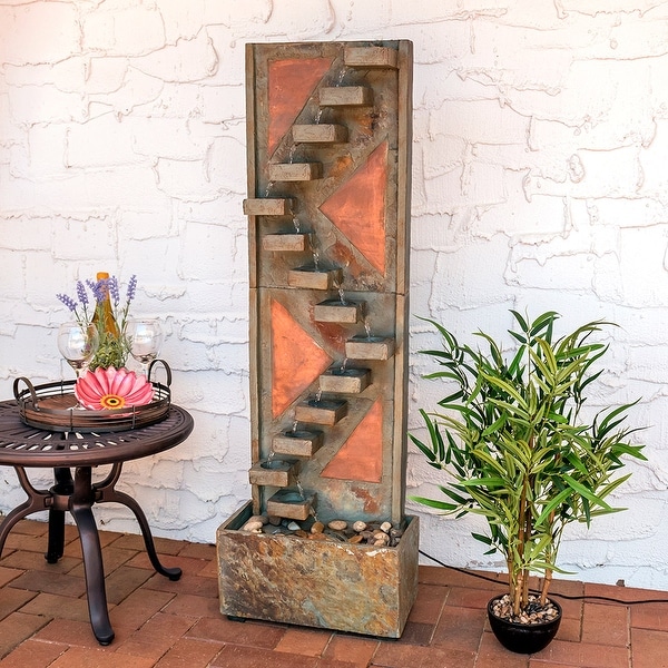 Sunnydaze Slate Staircase Fountain with Copper and LED Spotlight - 48-Inch