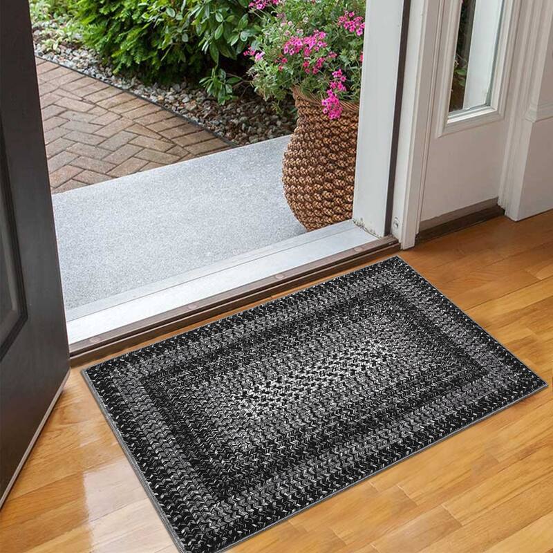 Washable Living Room Rugs Modern Braided Print Area Rug Border Design Accent Rugs for Bedroom Non-Slip Low Pile Area Rug