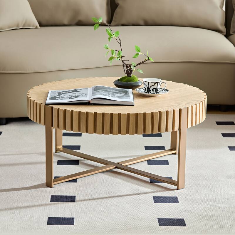 Modern Handcraft Drum Coffee Table 31.5 inch Round Coffee Table for Living Room, Small Coffee Table with Sturdy Pedestal