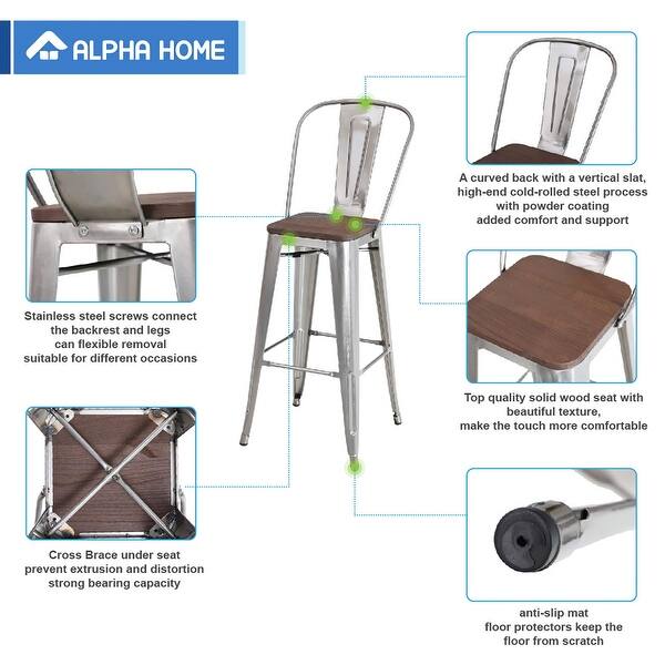 Alpha Home 30 High Back Bar Stools With Wood Seat Vintage Metal Dining Chairs Stackable Industrial Counter Stool Overstock 30573891