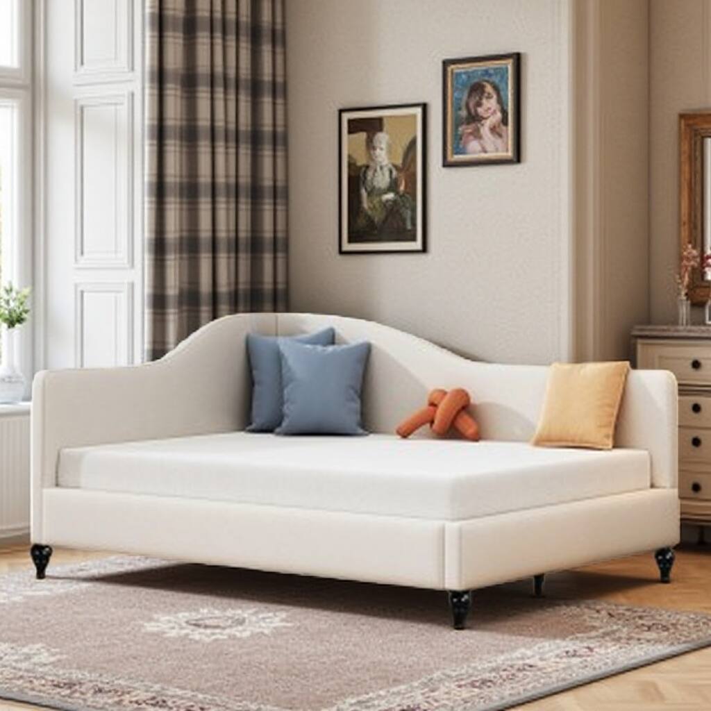 Modern L-Shaped Full Size Linen Daybed with Solid Wood Legs, Semi-Enclosed Design, Durable & Stylish Seating in Gray or Beige