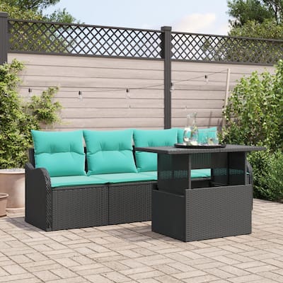 vidaXL 5 Piece Garden Sofa Set with Cushions Black Poly Rattan - 90.9×24.4×27.2