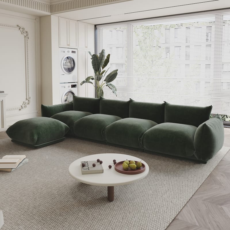 130.7” L-shape Chenille Modular Sofa Modern Sectional Semi-firm Sofa Couch with Ottoman - Green