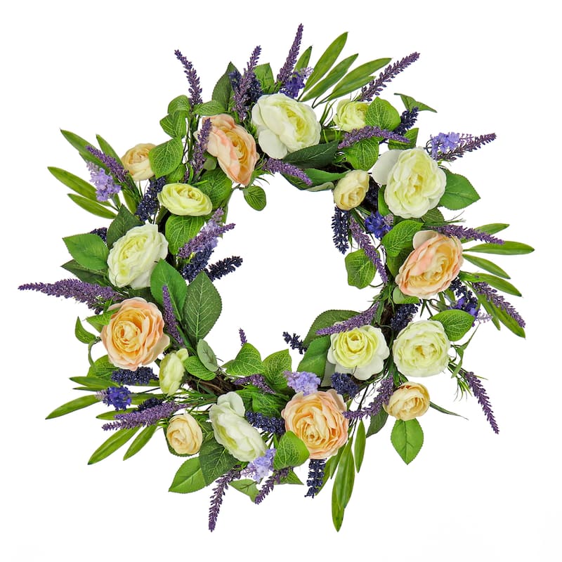 National Tree Company 24 inch Artificial Spring Wreath with Ranunculus and Astilbe Flower Blooms, Realistic Floral Decoration
