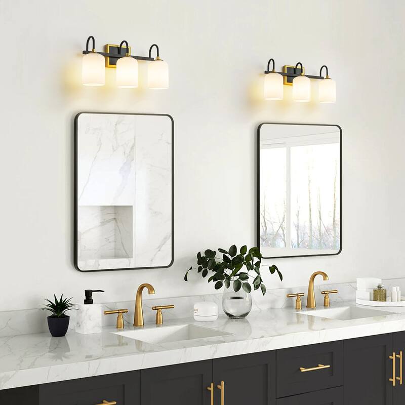3-Light Modern Transitional Metal & Glass Bathroom Vanity Light with Milk White Glass Shades - 3 Light