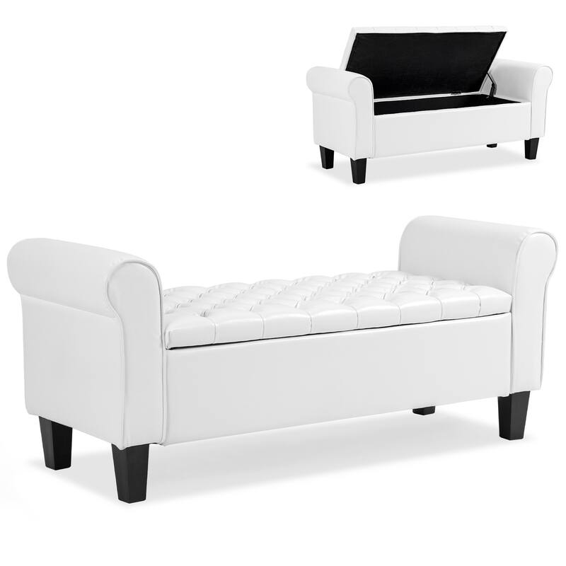AVAWING Storage Ottoman Bench Leather Upholstered Ottoman with Arm - Beige