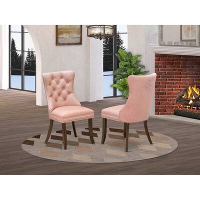 Parson Dining Chairs Set of 2 - Upholstered Accent Chairs with Nailhead Trim - Beige Red Faux Leather - Antique Walnut Finish