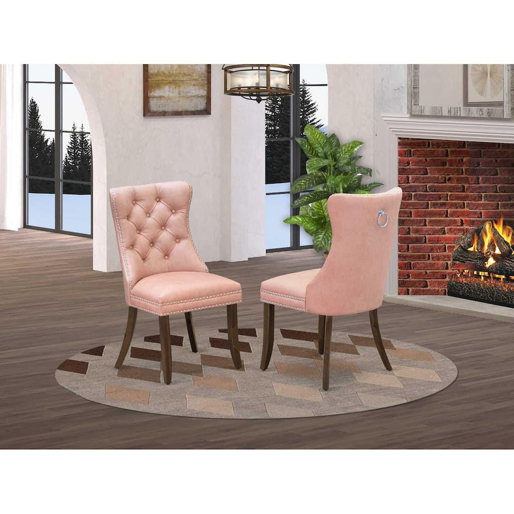 Parson Dining Chairs Set of 2 - Upholstered Accent Chairs with Nailhead Trim - Beige Red Faux Leather - Antique Walnut Finish