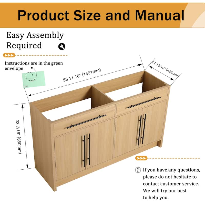 Malwee 48"/60" Bathroom Vanity Without Sink, FreeStanding Vanity Cabinet with 4 Soft Close Doors and 2 Adjustable Shelves