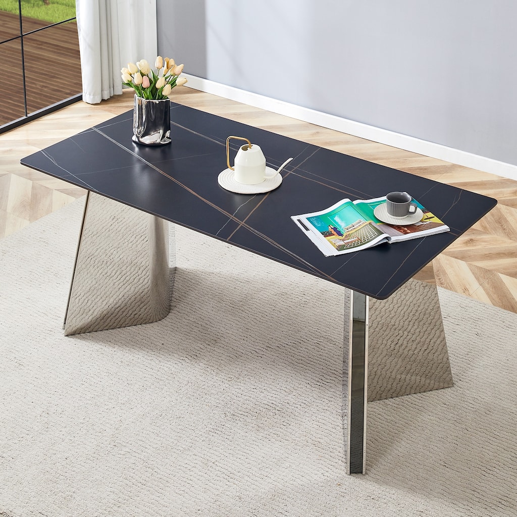 Marble-Patterned Slab Dining Table with Stainless Steel Butterfly Legs，The tabletop is designed to be scratch and heat resistant