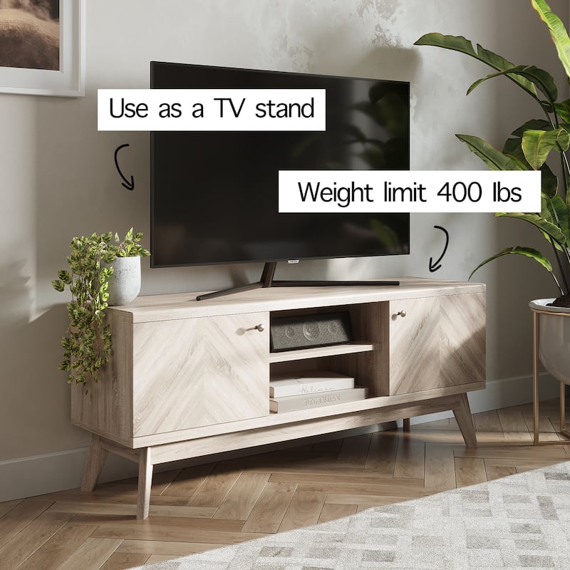 Living Skog Scandi Mid-Century Modern Herringbone TV Stand for TV Up to 65 Inches with Wooden Legs