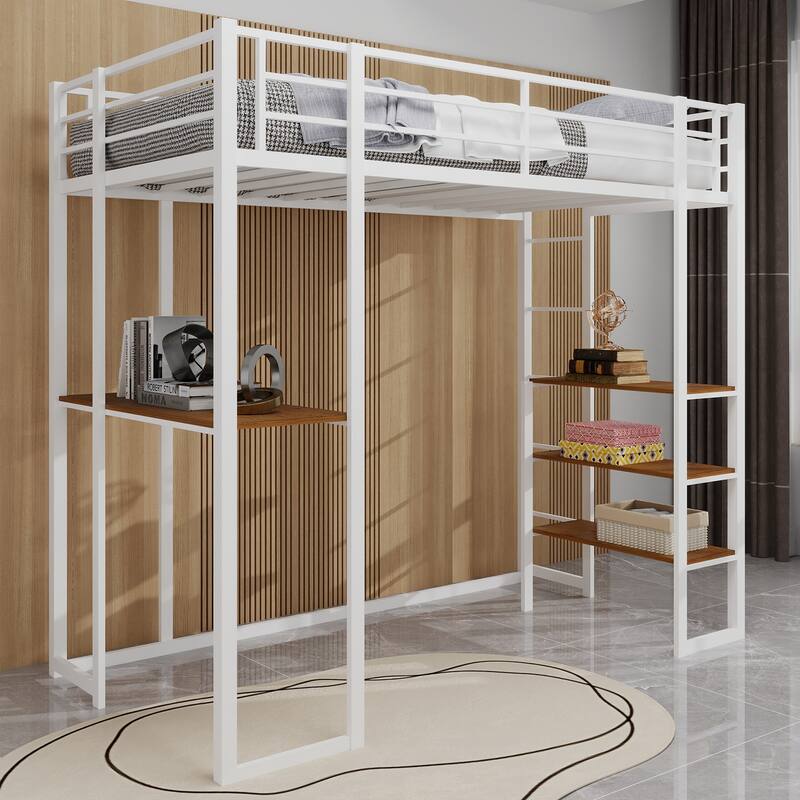 Space-Saving Iron Frame Bunk Bed with L-Shaped Desk and Dual Stairs