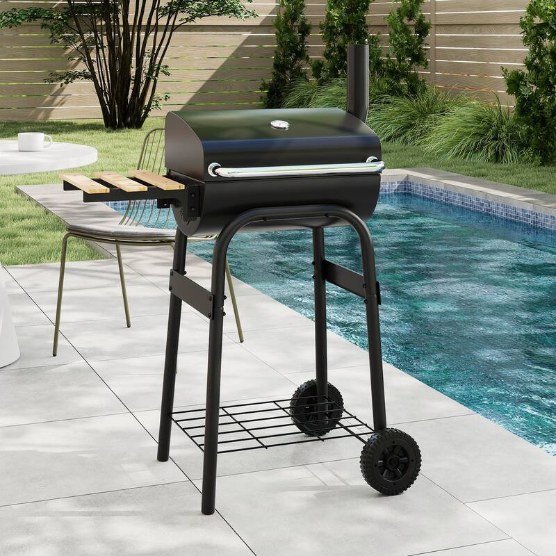 Gymax Barrel Charcoal Grill w/Foldable Side Table Built-in Thermometer