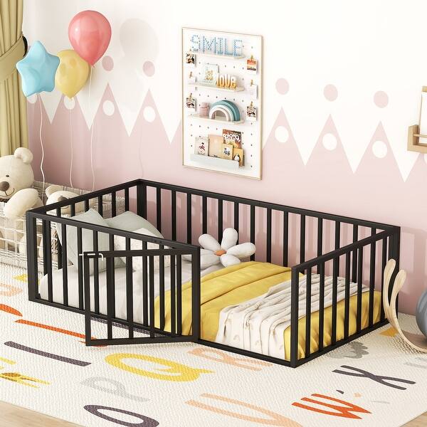 slide 2 of 32, Twin Floor Bed, Montessori Floor Bed Frame with Fence Metal Kids Floor Bed with Door, Twin Size Slats Platform Bed Black - Twin