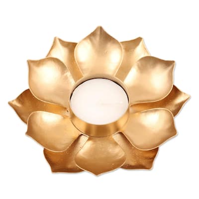 NOVICA Golden Lotus Glow, Steel tealight candleholder