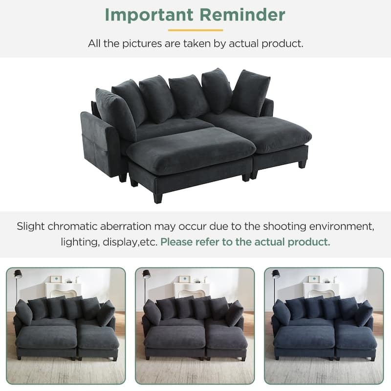 83" Upholstered Sectional Sofa with Movable Ottoman and Six Pillows, Ample Storage Space