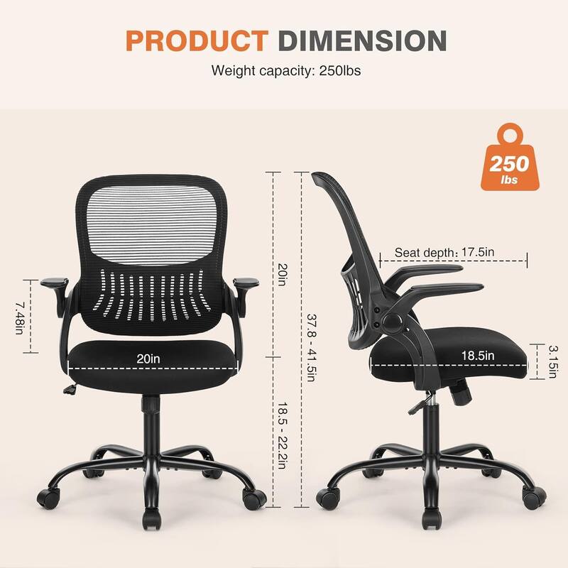Office Computer Desk Chair, Ergonomic Mid-Back Mesh Rolling Swivel Task Chairs, Comfortable Lumbar Support, Comfy Flip-up Arms