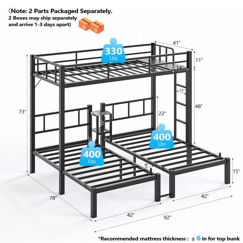 Metal Triple Bunk Bed Twin Over Twin Over Twin,3 Bunk Beds with Shelves for Kids,Teens and Adults,Heavy Duty,Black