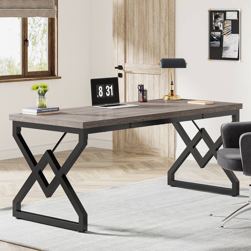 63-inch Executive Desk with Metal Frame, Modern Office Computer Desk for Home Office - Grey/Black
