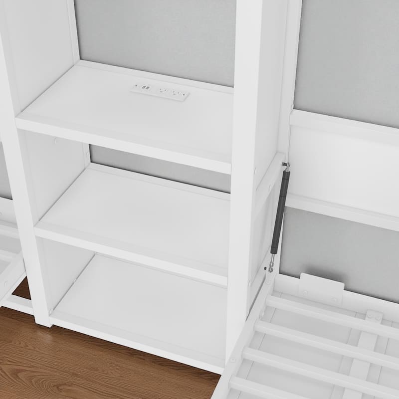 Twin and Twin Foldable Murphy Bed with Wardrobe, Shelves & Power Outlets, 2-in-1 Metal Space-Saving Wall Bed Design