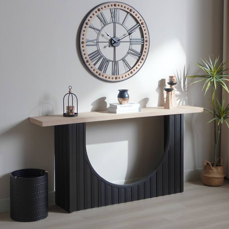 Minimalist Vertical Stripe Console Table with Black Arch Base and Natural Wood Top, Modern Entryway Table - 4 Assembly Styles