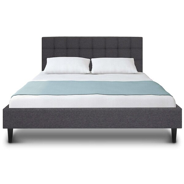 Full, Dark Grey Mid Century Modern Linen Fabric Low Profile Bed Frame 