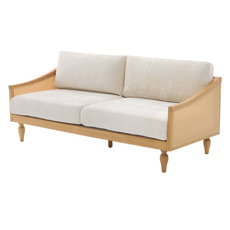 Roomfitters Mid-Century Modern Loveseat Sofa with Rattan Armrests, Solid Wood Frame