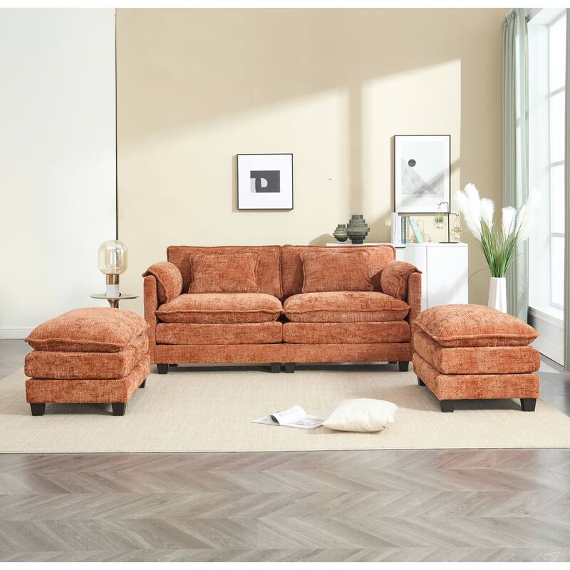 Chenille Fabric Loveseat Sofa Couch with 2 Ottomans and Side Pockets
