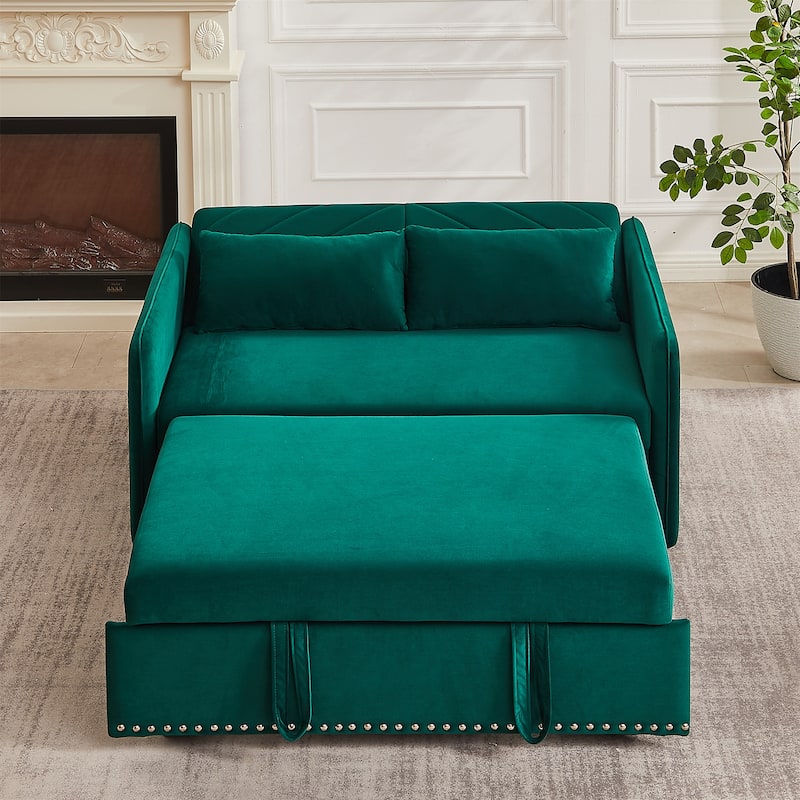 Velvet Pull-out Sleeper Sofa Bed with USB Port and 2 Pillows