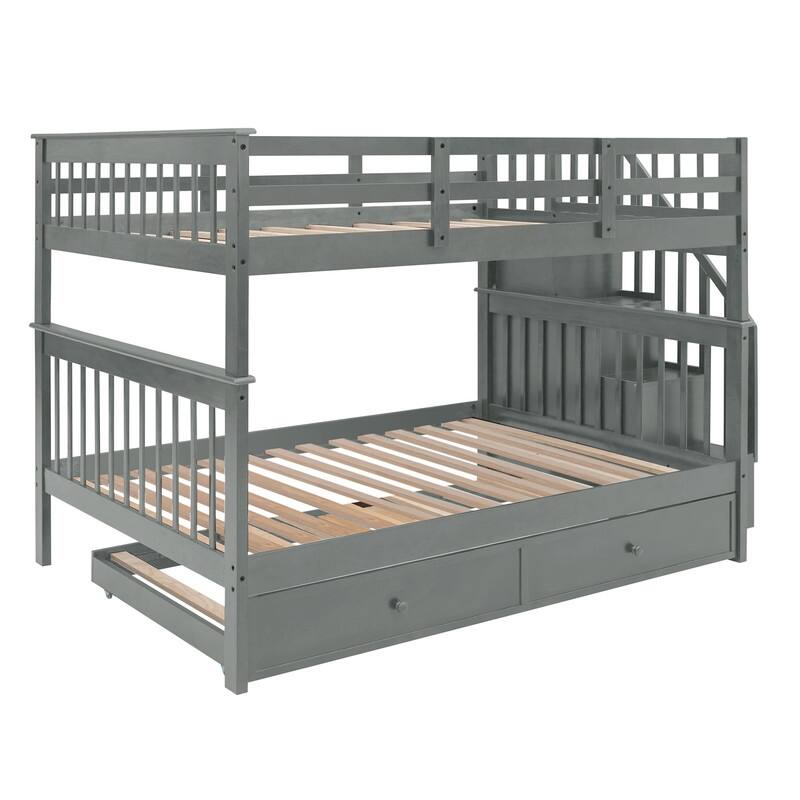 Stairway Full-Over-Full Bunk Bed with Twin size Trundle, Storage and Guard Rail for Bedroom, Dorm