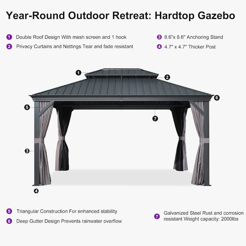 PURPLE LEAF Outdoor Galvanized Steel Hardtop Gazebo, Aluminum Frame Gazebo With Curtains