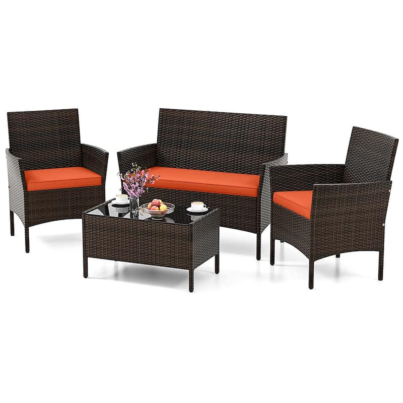 Gymax Set of 4 Furniture Set w/ Washable Cushions & Tempered Glass - Orange
