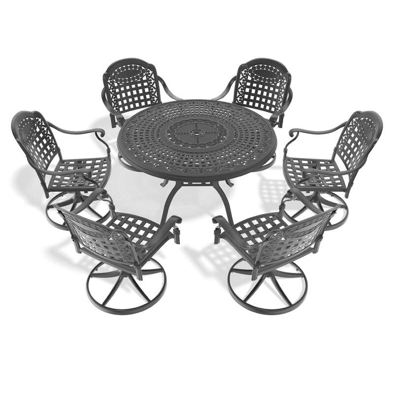 7-Piece Aluminum Round Outdoor Patio Dining Set, 6 Cushioned Swivel Chairs, Table, All-Weather Frames