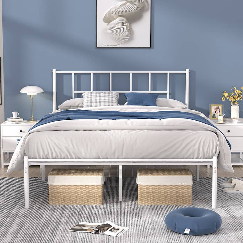 VECELO Victorian Style 14 Inch Metal Platform Bed Frame with Headboard, Heavy Duty Steel Slat Support, No Box Spring Needed - White - Full