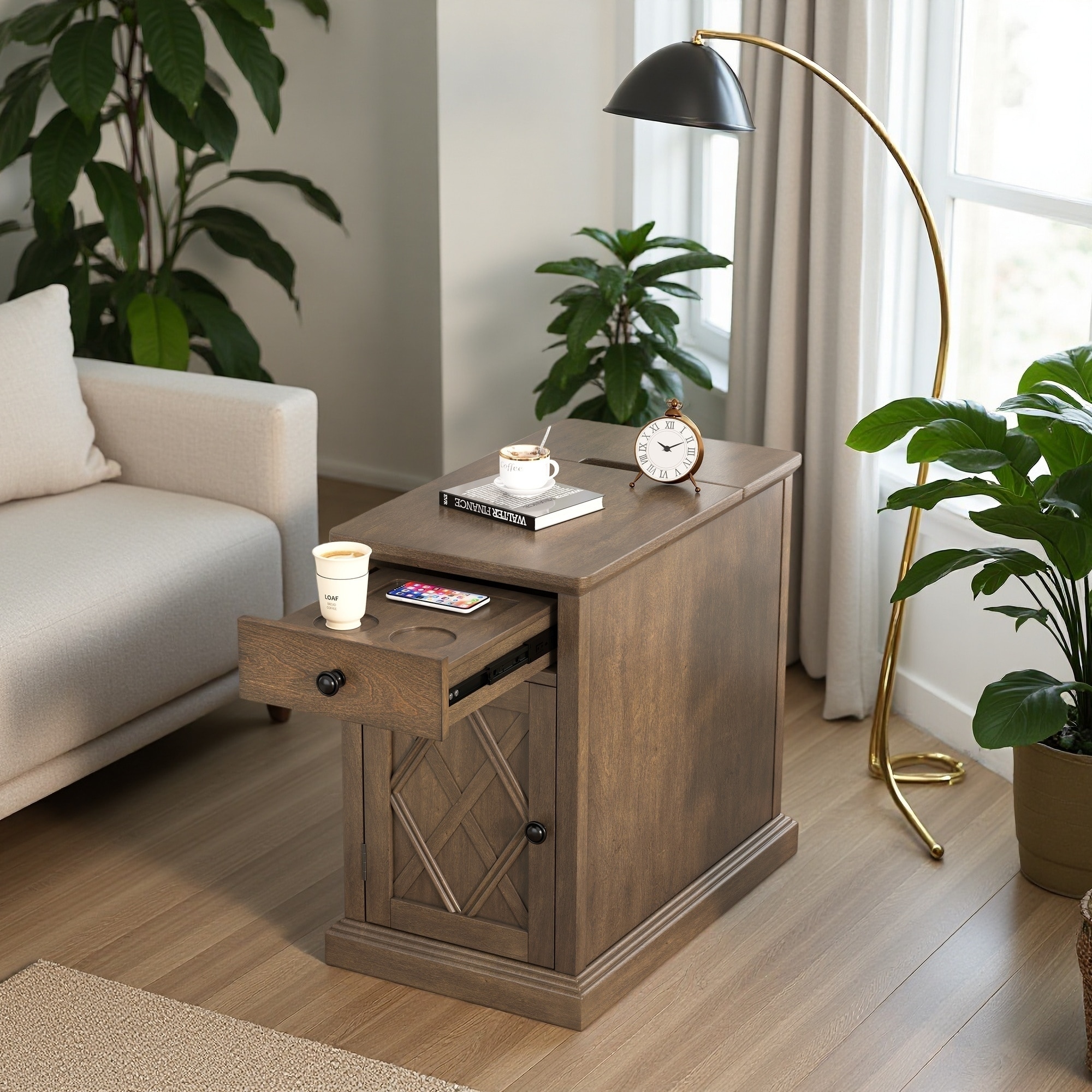 14.2" Classic End Table with USB Ports, Spacious Cabinet and a Smooth-Gliding Drawer for Living Room