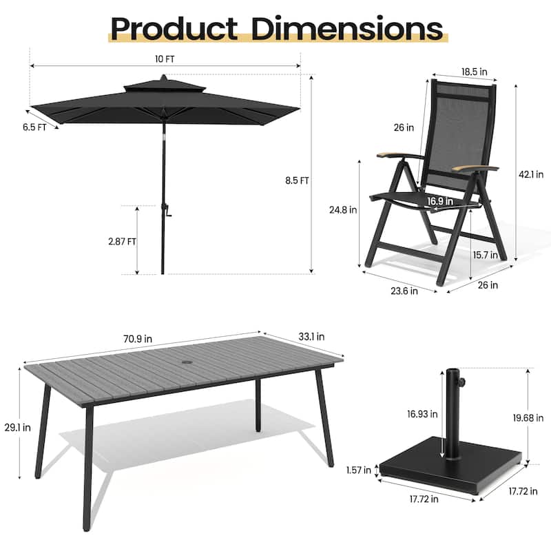 9PC Outdoor Patio Dining Set Aluminum Table with Folding Armchairs w/ Market Umbrella Sets